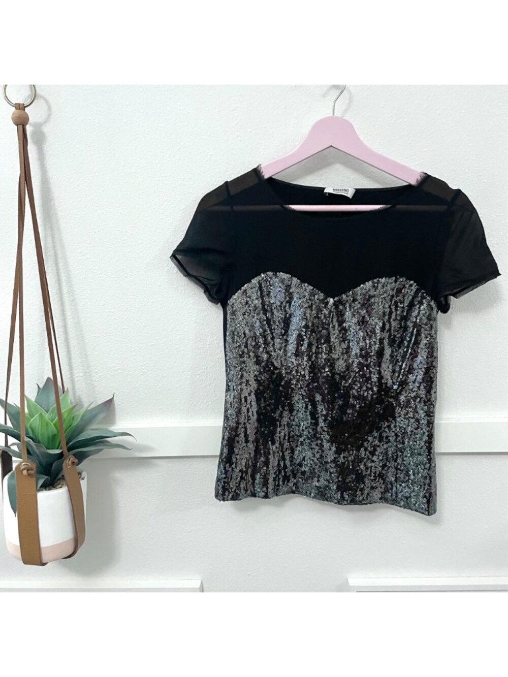 Moschino Cheap & Chic Black Sequin Short Sleeve Top Size US 8 Party Glam